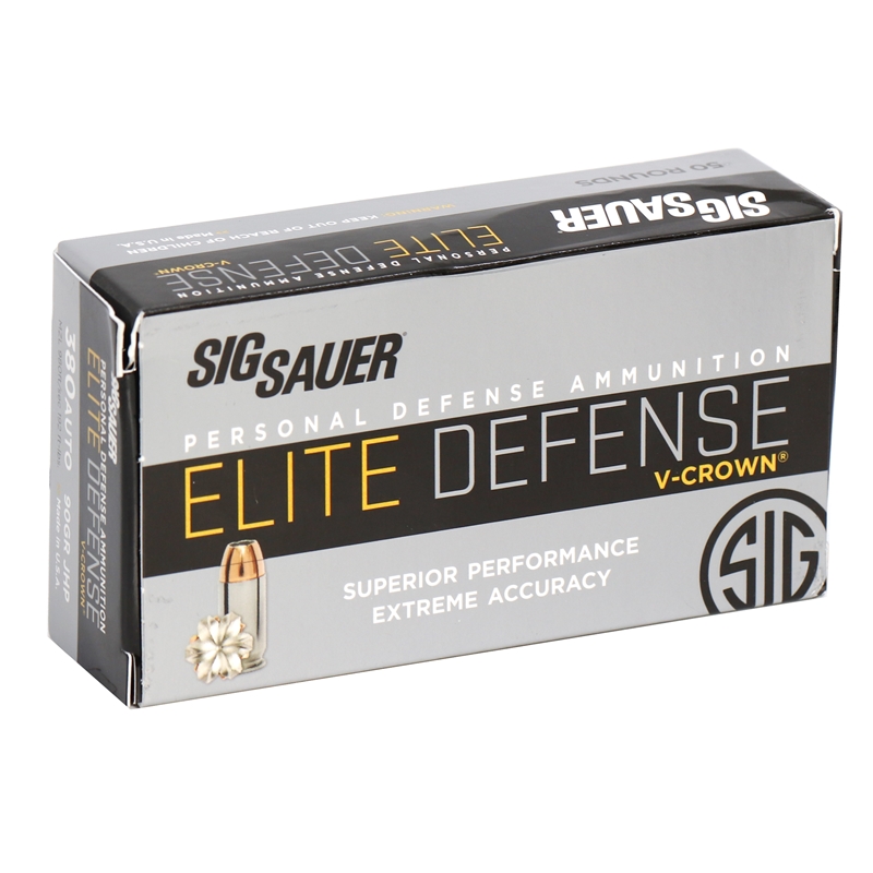  Sauer Elite Performance 380 ACP 90 Grain V-Crown Jacketed Hollow Point Projectile Box Of 50 Ammo