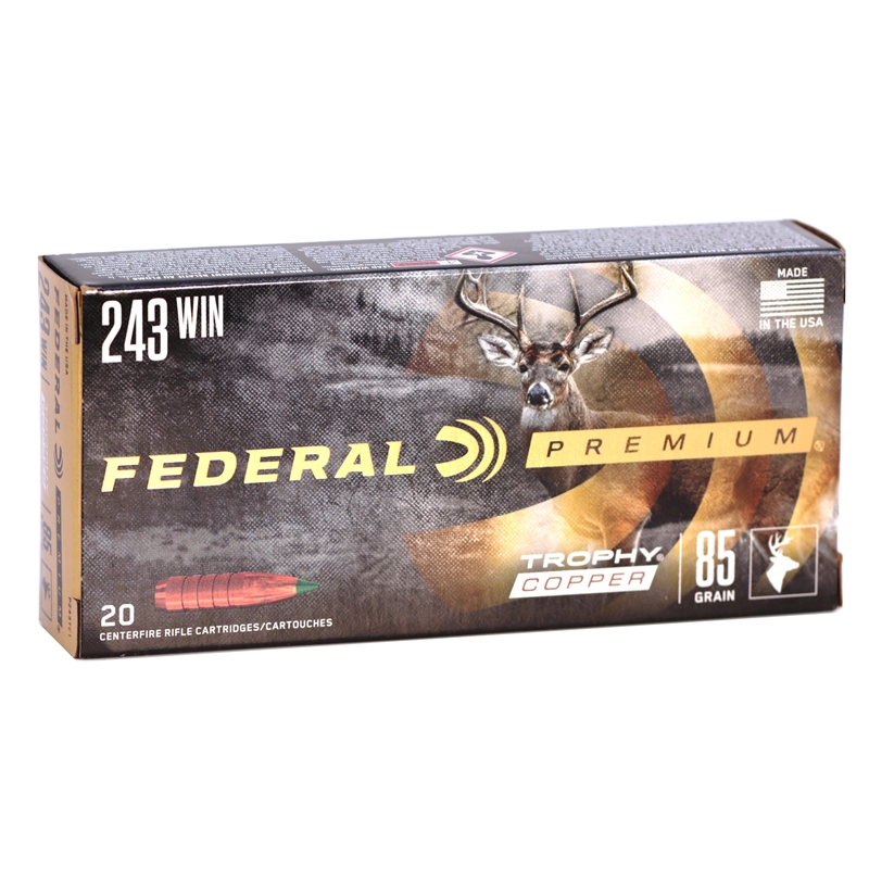 eral Premium Meat Eater 243 Winchester 85 Grain Trophy Copper Tipped BT Lead-Free Box Of 20 Ammo